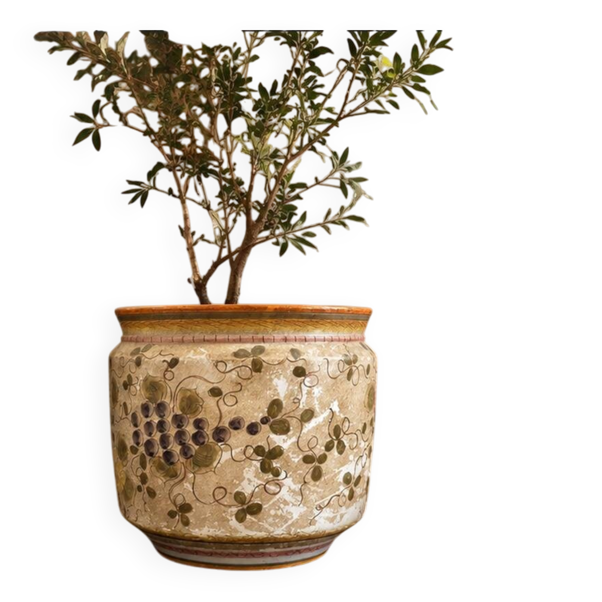 Large Italian Hand-Painted Ceramic Jardinière with Floral and Grape Motifs,