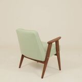 Mid-century modern armchair, oak wood, natural wool.