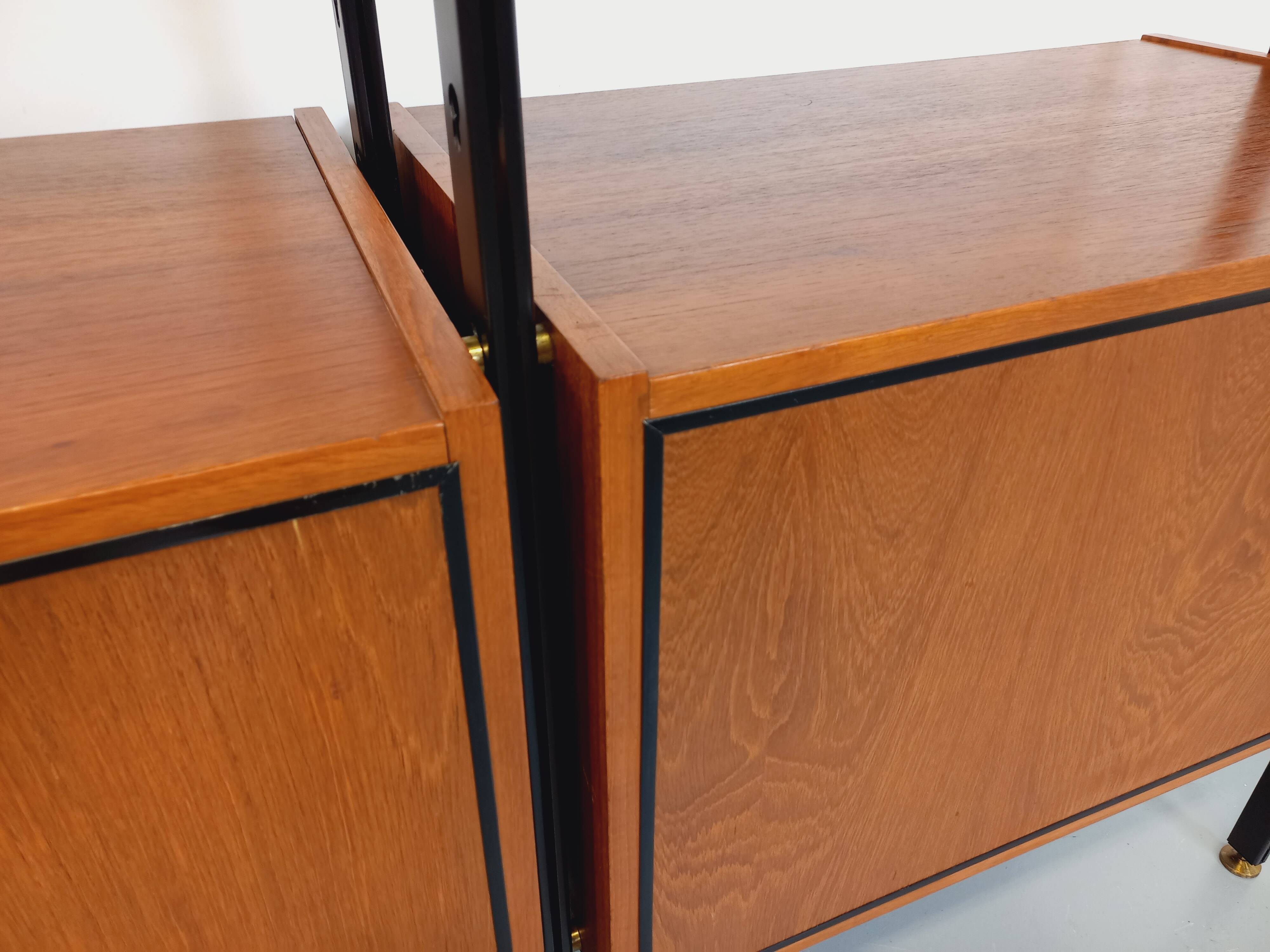 Vintage Italian double modular shelf bookcase in teak and metal