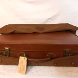 Valise ancienne en cuir, piqûres de sellier, avec housse monogrammée, années 1930/1940.