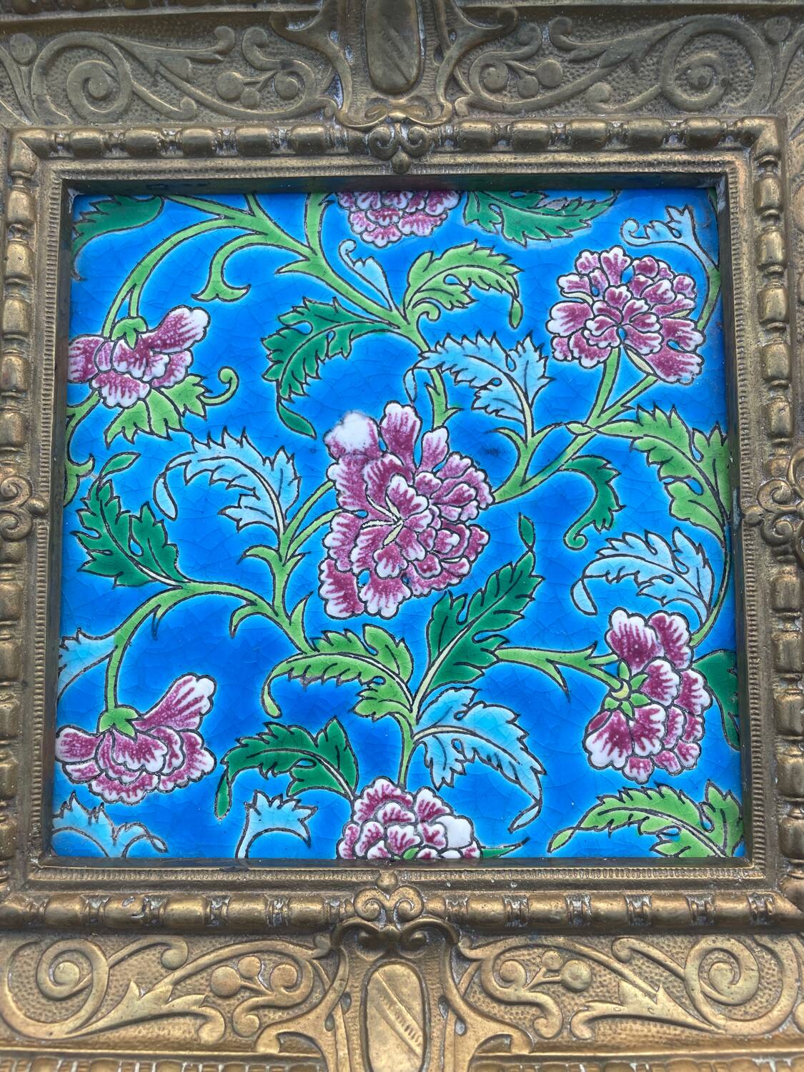 Antique bronze and faience vide-poche from Gien.