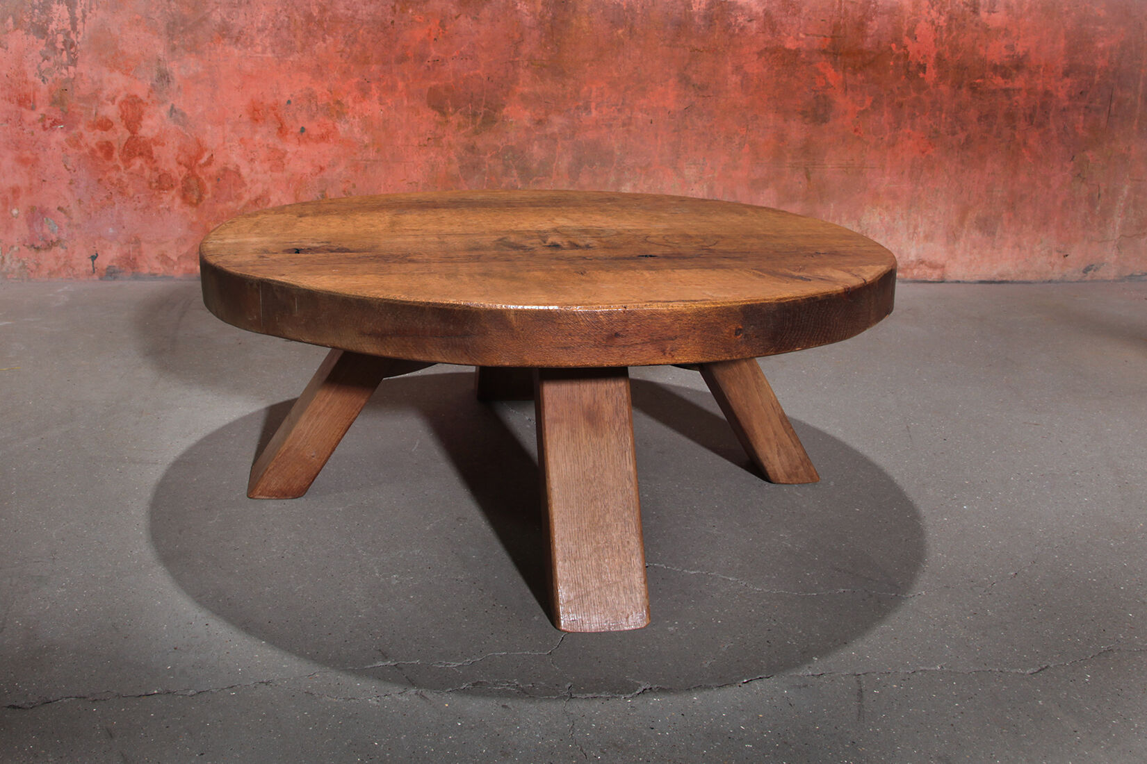 Brutalist Massive Robust Oak Round Coffee Table, 60s