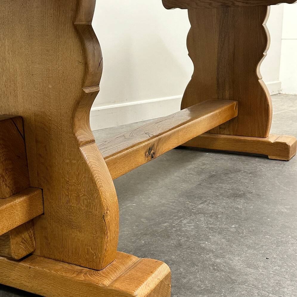 Vintage large French blonde oak monastery dining table, 1960s.