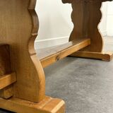 Vintage large French blonde oak monastery dining table, 1960s.