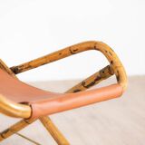 Fauteuil en cuir de salon pliant vintage structure bambou et laiton, Italie, années 1960
