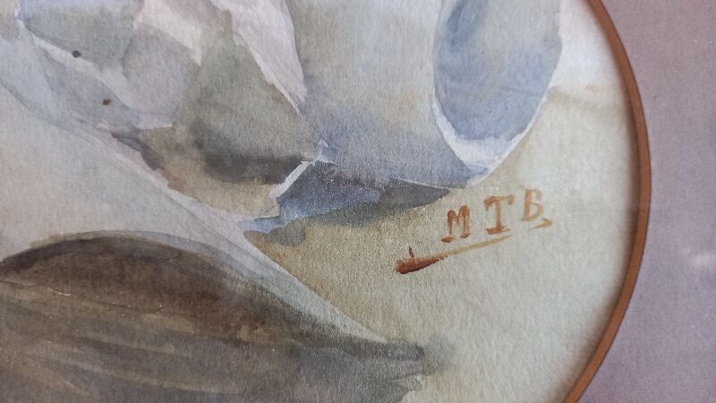 Old painting, handwritten watercolor with pale pink knot