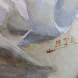 Tableau ancien , aquarelle manuscrit au noeud  rose pâle