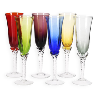 Set of 6 flutes Colorful glass champagne flutes.
