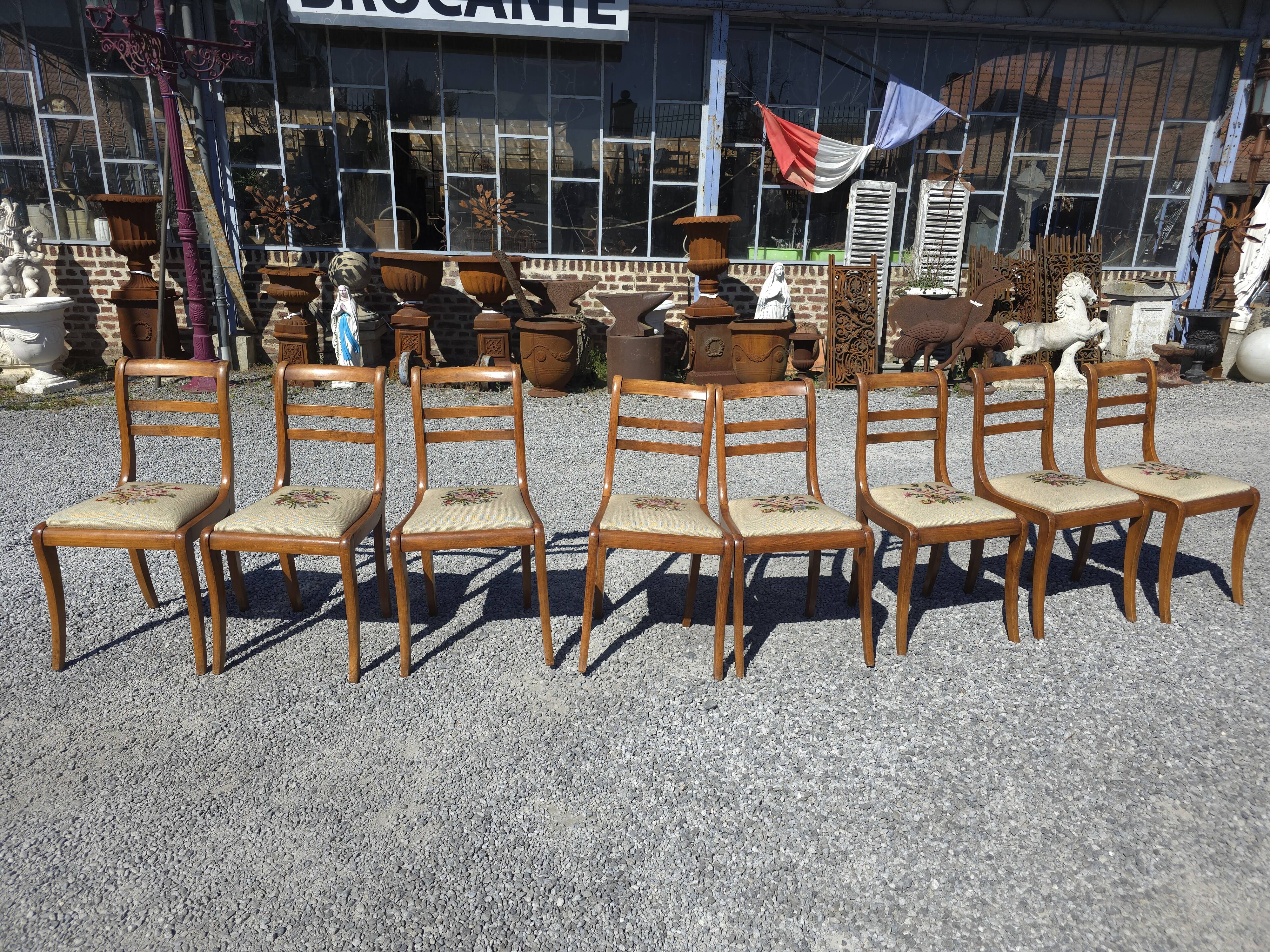 8 cherry wood chairs with embroidered seats