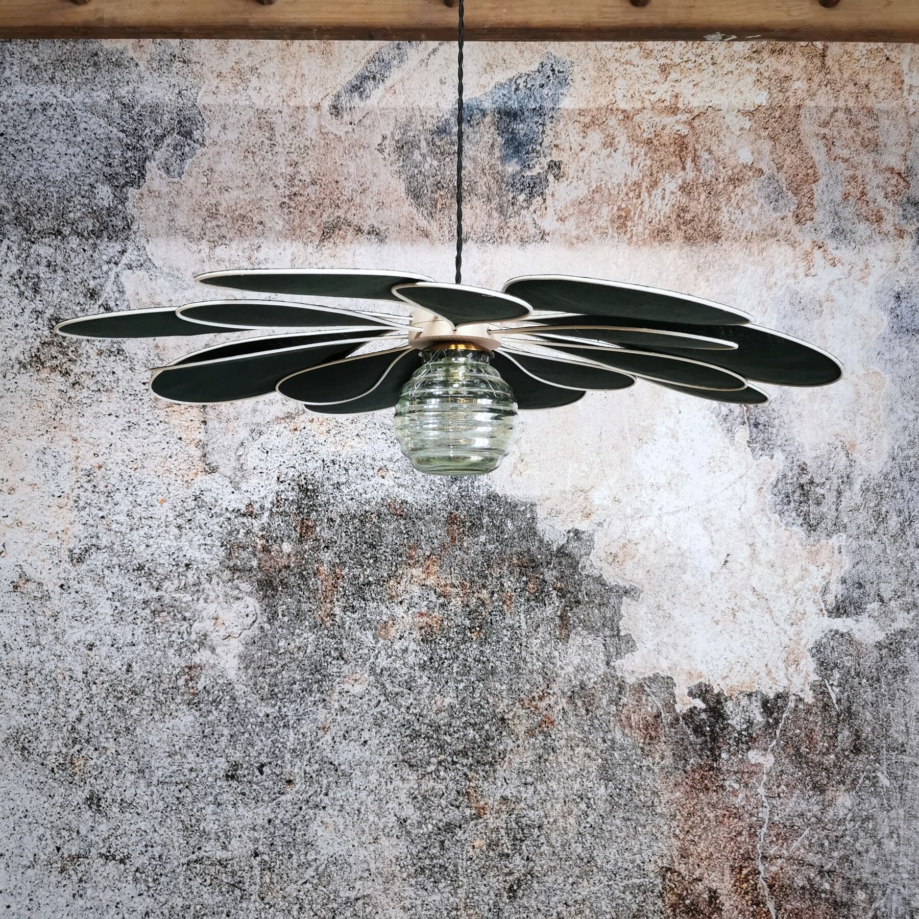 Suspension linen green fir, rattan and old vintage globe