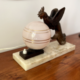 Lampe Art Déco marbre oiseau et opaline rose Années 1930/40