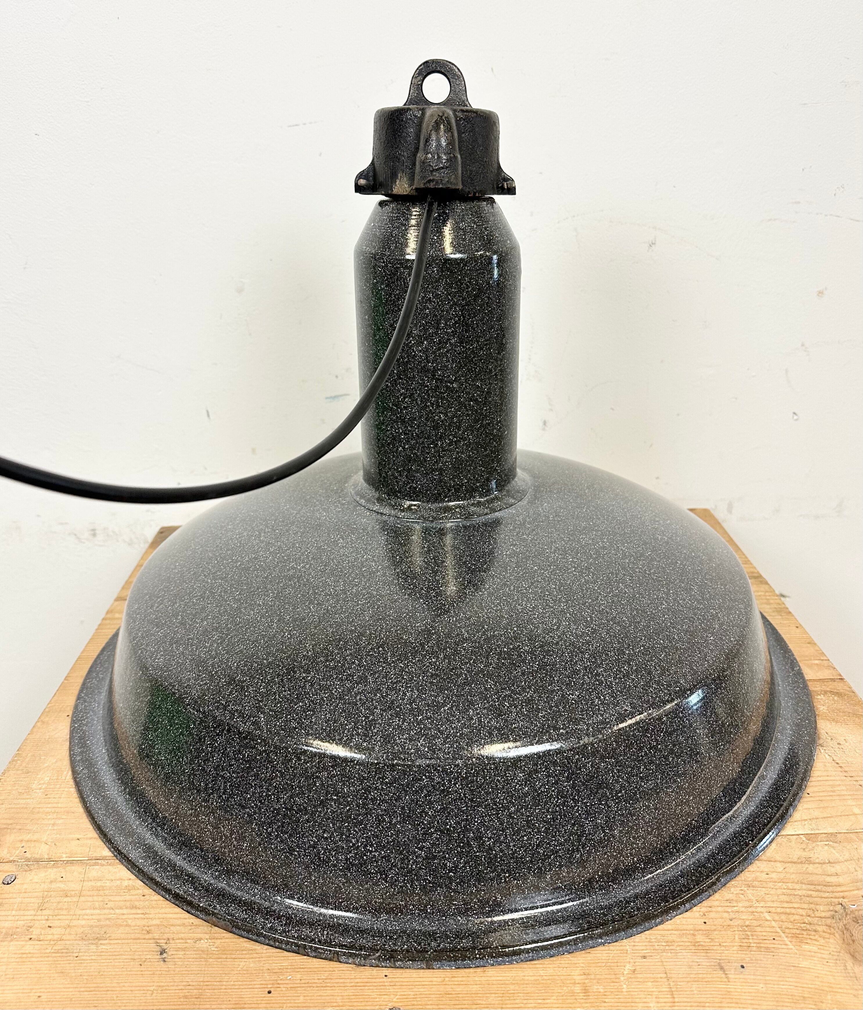 Large Industrial Grey Enamel Factory Lamp with Cast Iron Top, 1960s