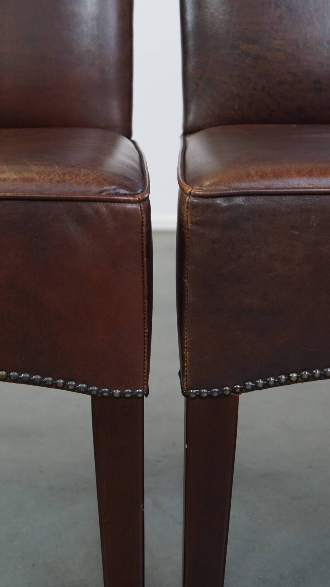 Set of 6 cognac-colored cowhide Art Deco design dining room chairs