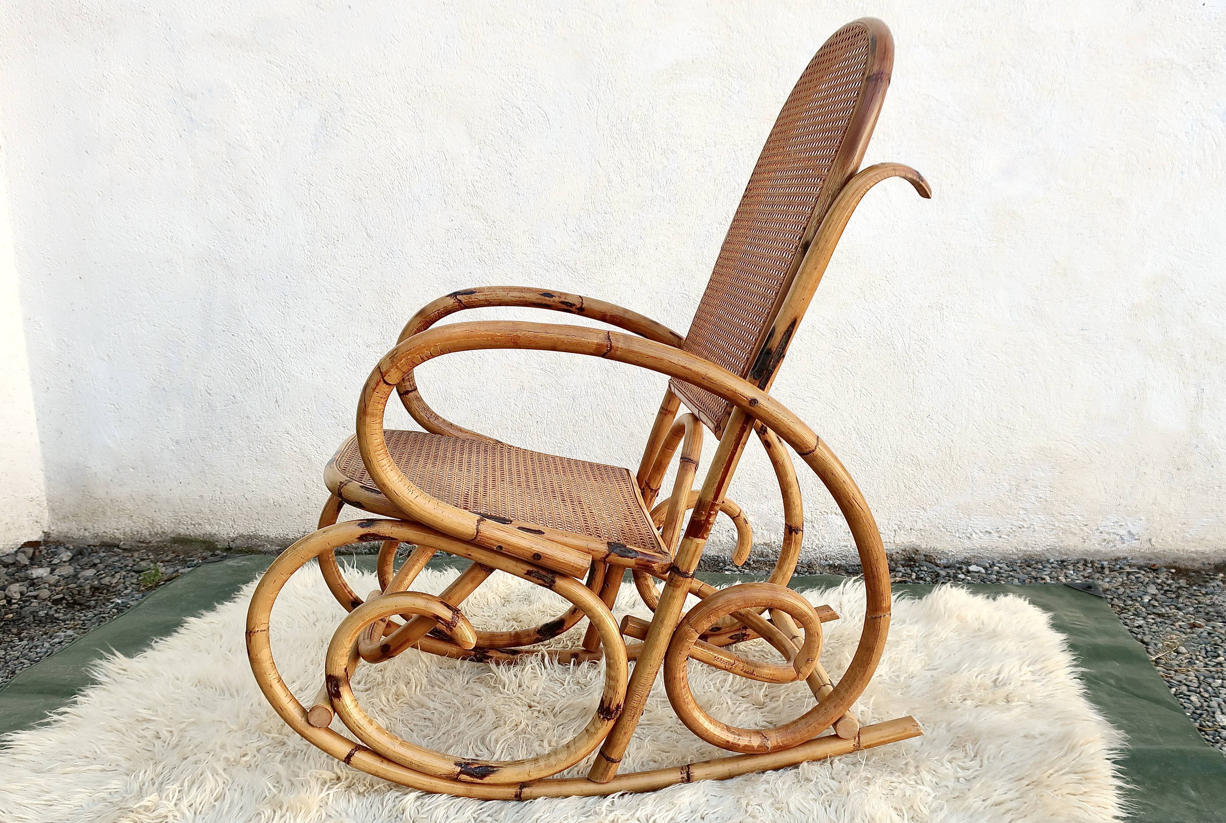 Rocking-chair canned in bamboo design 1960s