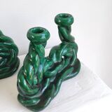 Set of 2 green ceramic candlesticks signed Hubert Pernin, Vallauris