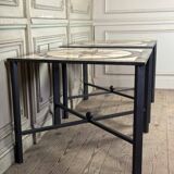 Pair of marble and metal tables, marble marquetry compass rose, circa 1990