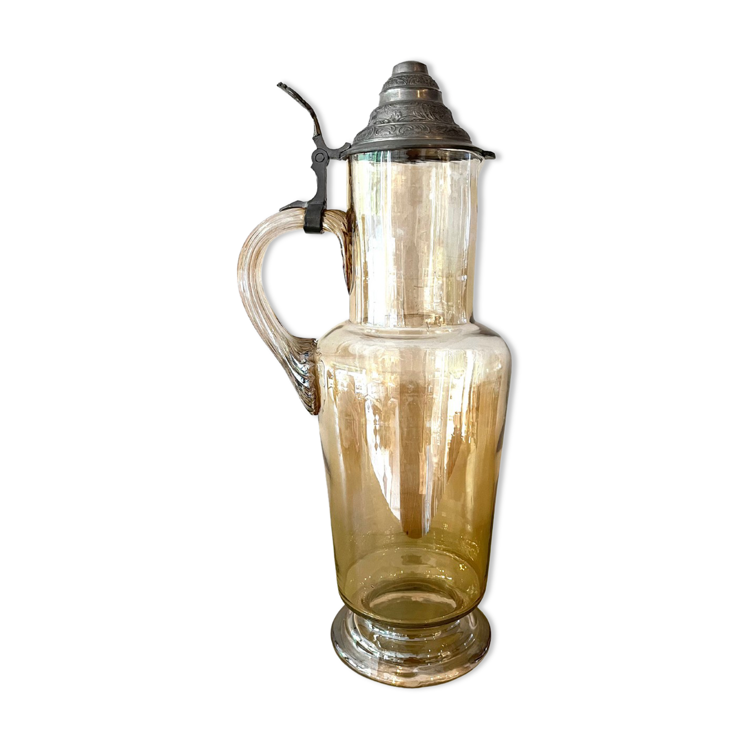 Vintage glass and tin jug