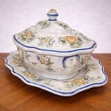 Enormous antique soup tureen in earthenware – floral decoration – with matching tray