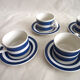 Series of 6 coffee cups in faience with blue stripes with saucers