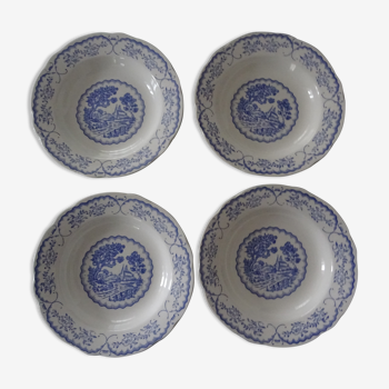 4 assiettes creuses faience ancienne Digoin Sarreguemines fleurs et campagne décor bleu Bernadette