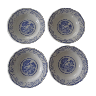 4 assiettes creuses faience ancienne Digoin Sarreguemines fleurs et campagne décor bleu Bernadette