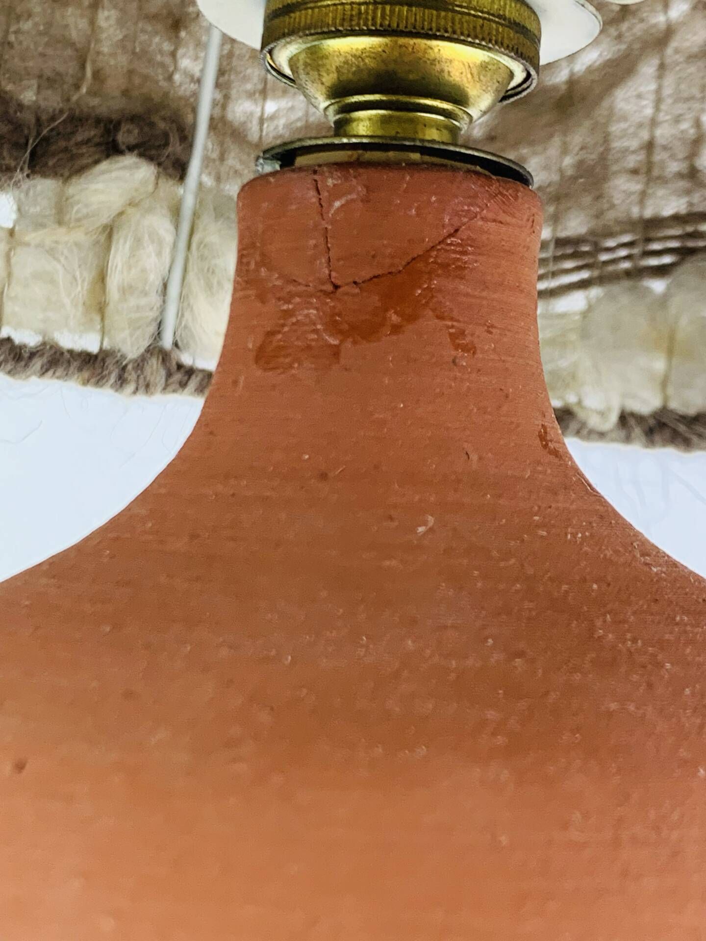Terracotta globe lamp with a wool shade from the 1960s.