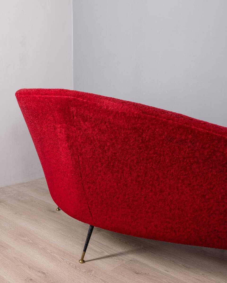 Large 1950s vintage curved sofa in red velvet italian design