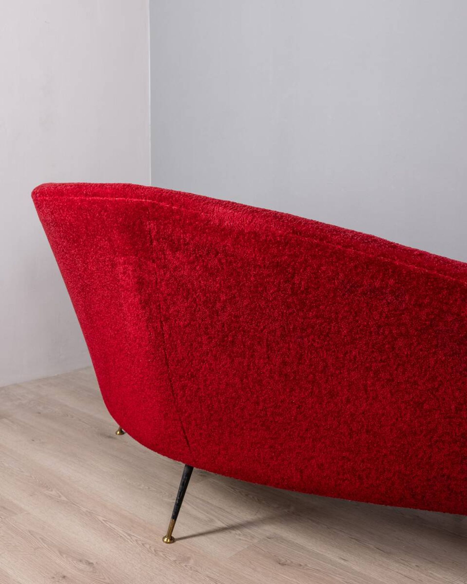 Large 1950s vintage curved sofa in red velvet italian design