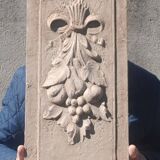 Polychrome carved wooden pediment, wall element, architectural, ancient object