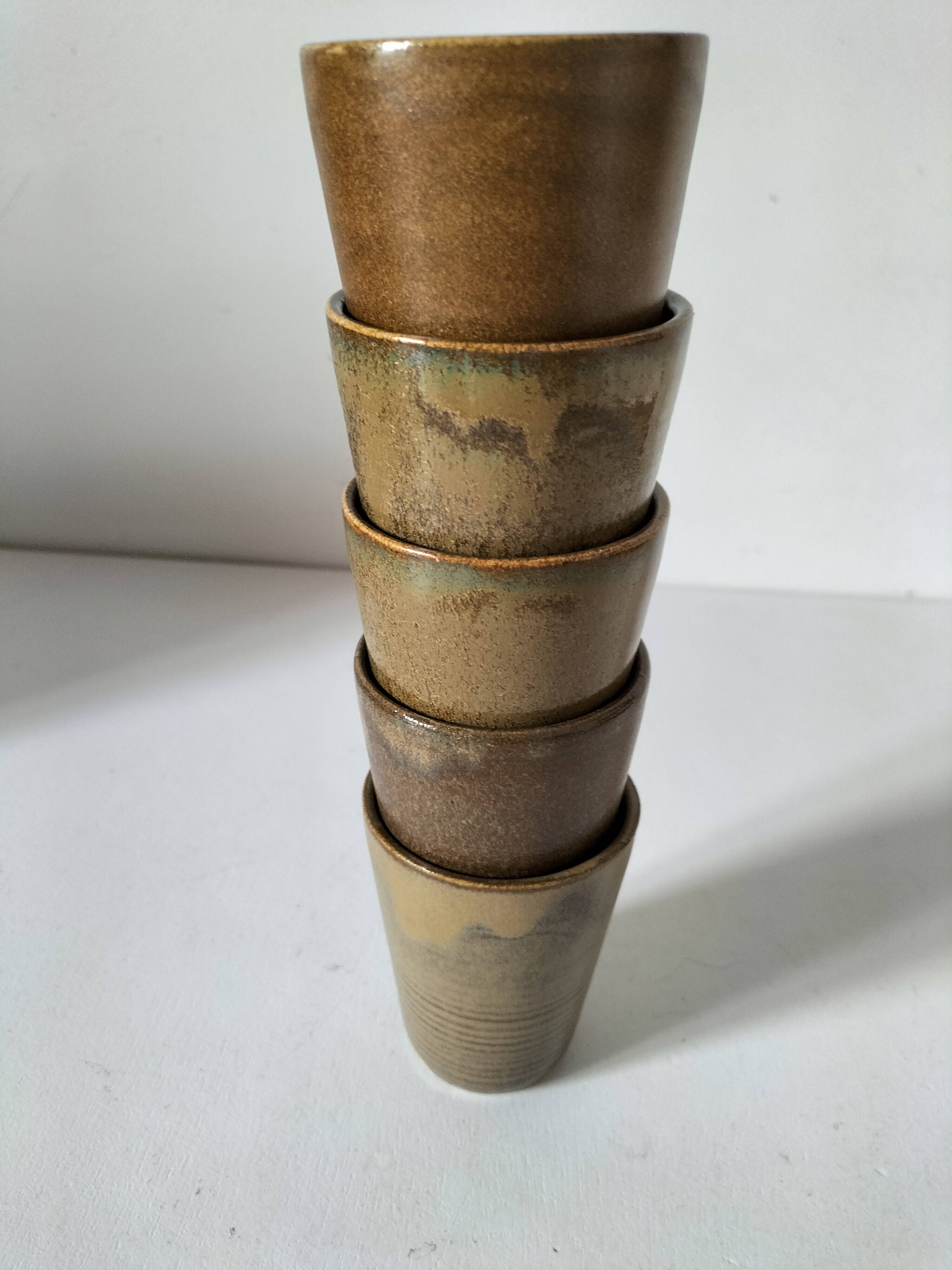 5 speckled stoneware cups from digoin (gp digoin) in brown, 1970s.
