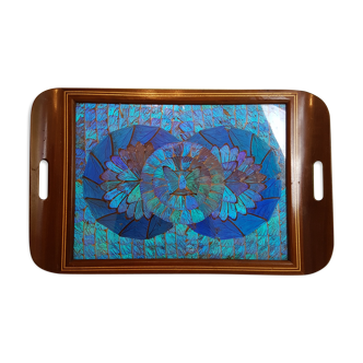 Plateau de service avec décor en ailes de papillons Morpho sous cadre