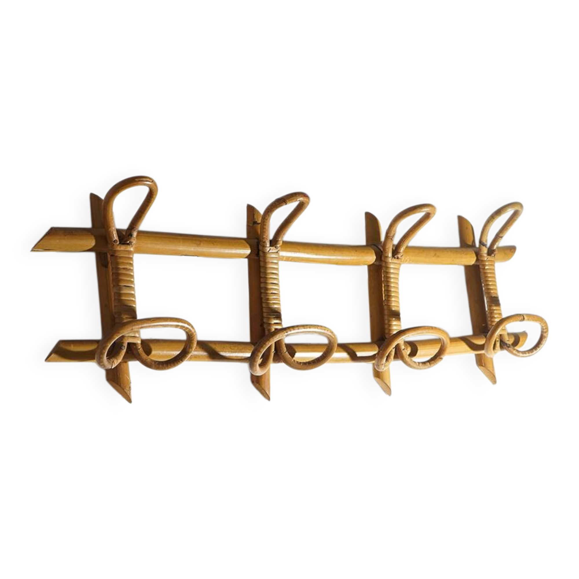 Wall coat rack in rattan and woven wicker, 1960s.