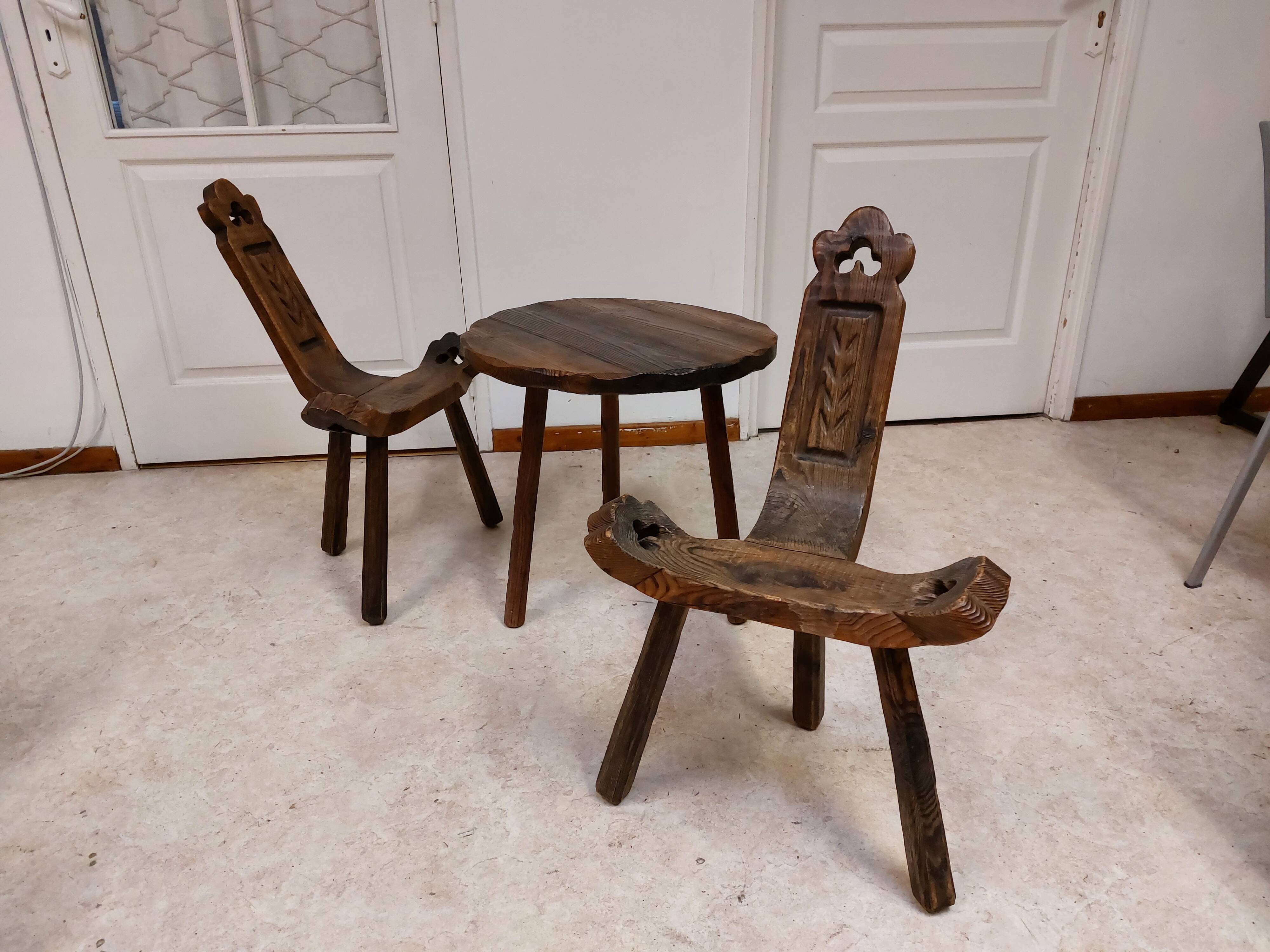 Coffee set coffee table and tripod low chairs - Spanish brutalist design - 1950s
