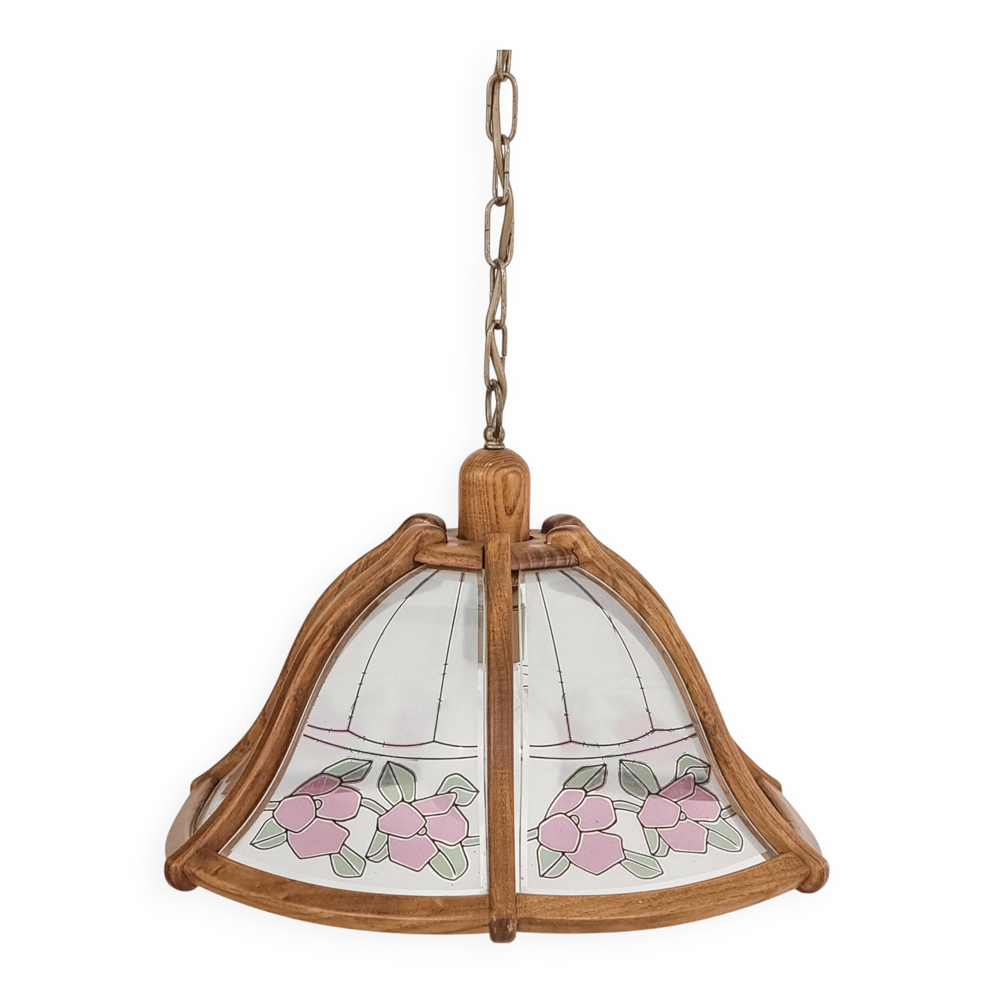 Art Nouveau style chandelier in wood and glass from the 1970s