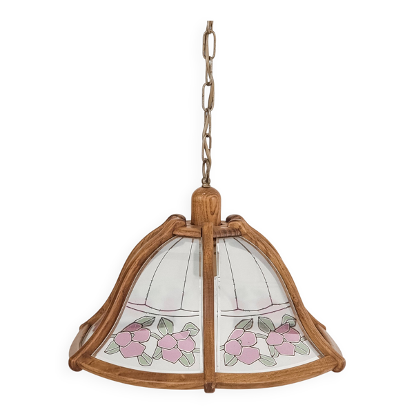 Lustre style Art Nouveau en bois et verre des années 1970
