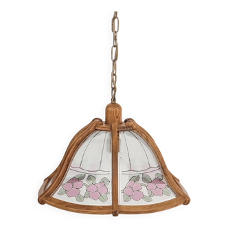Art Nouveau style chandelier in wood and glass from the 1970s