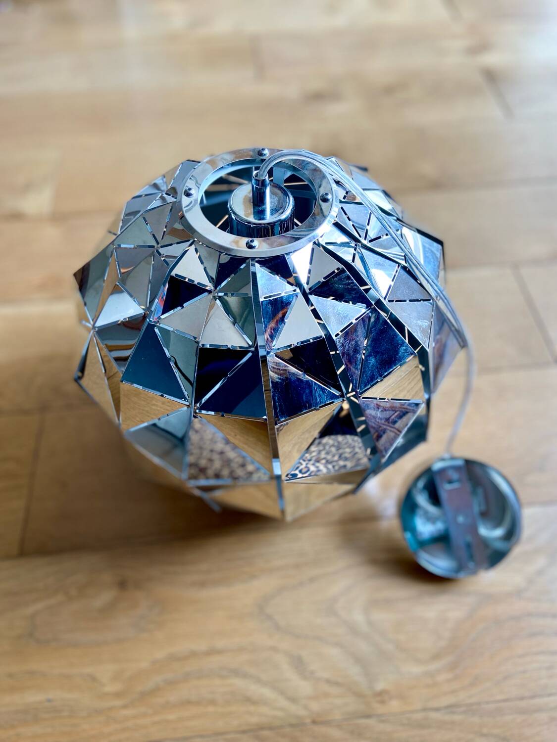 Silver-plated metal faceted ball pendant light - circa 1980