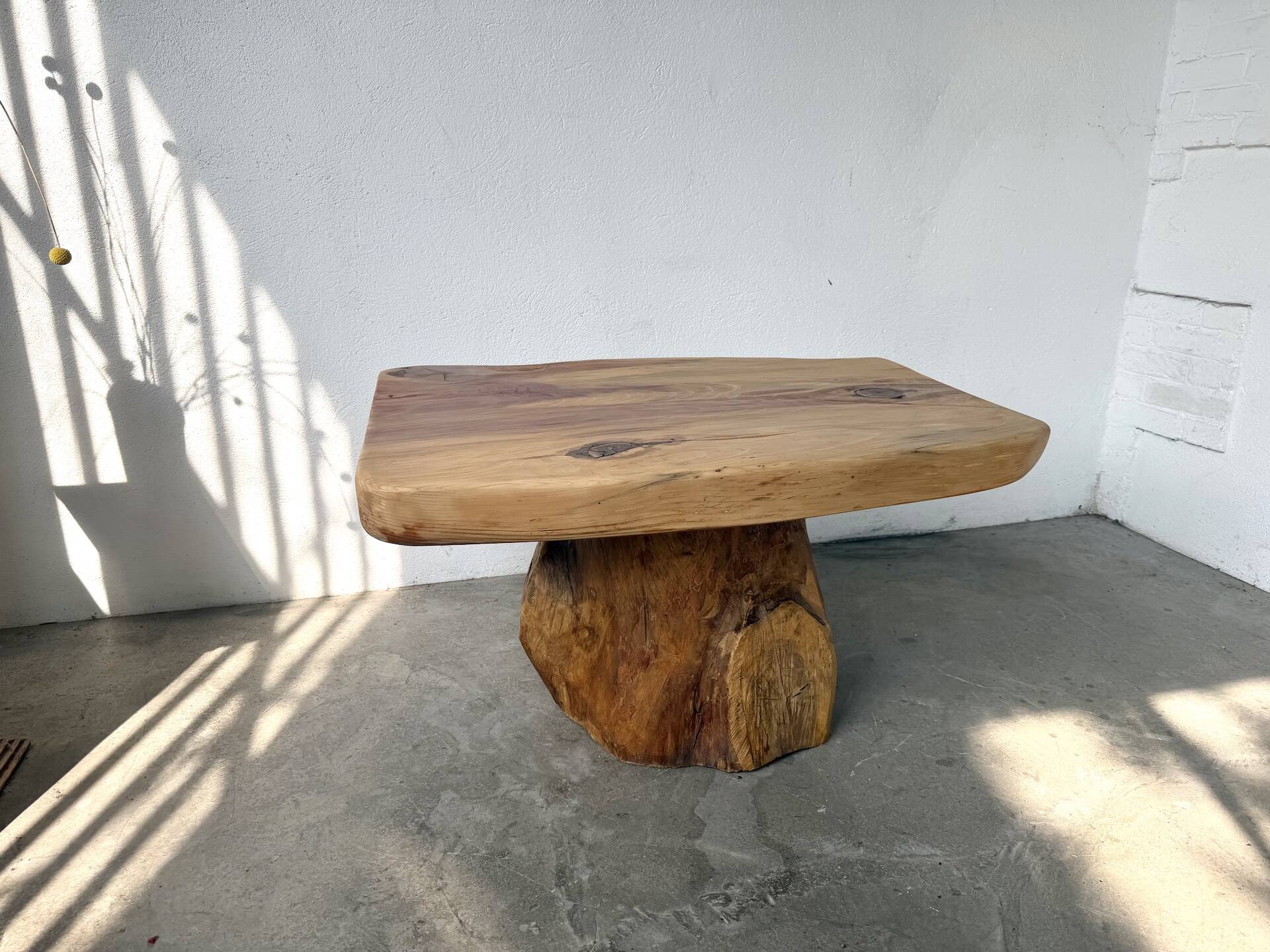 Organic brutalist coffee table in solid cedar, trunk pedestal, 1970s.