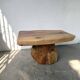 Organic brutalist coffee table in solid cedar, trunk pedestal, 1970s.