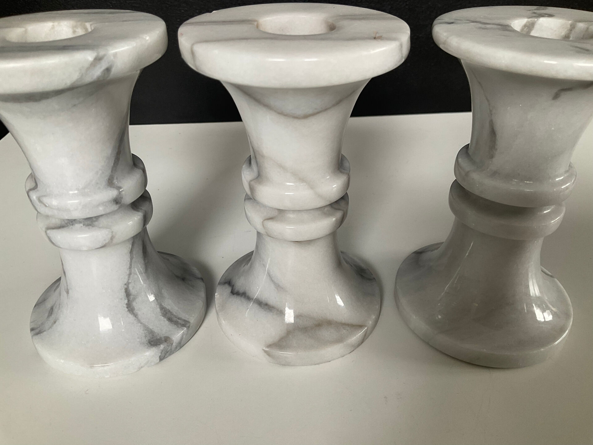 Set of 3 vintage Carrara marble candle holders