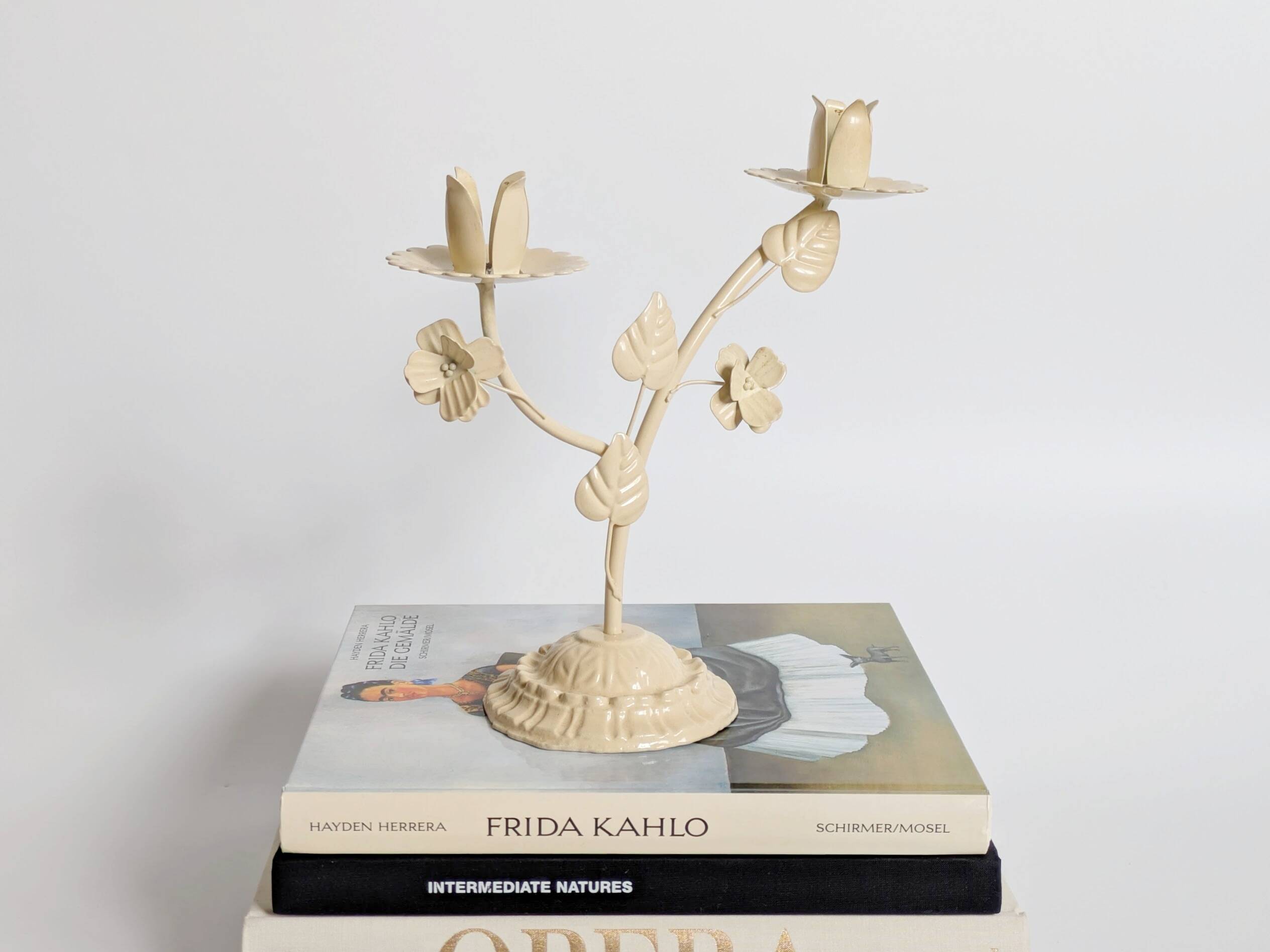 Vintage Italian white painted cast iron candlestick, floral motif, 1970s