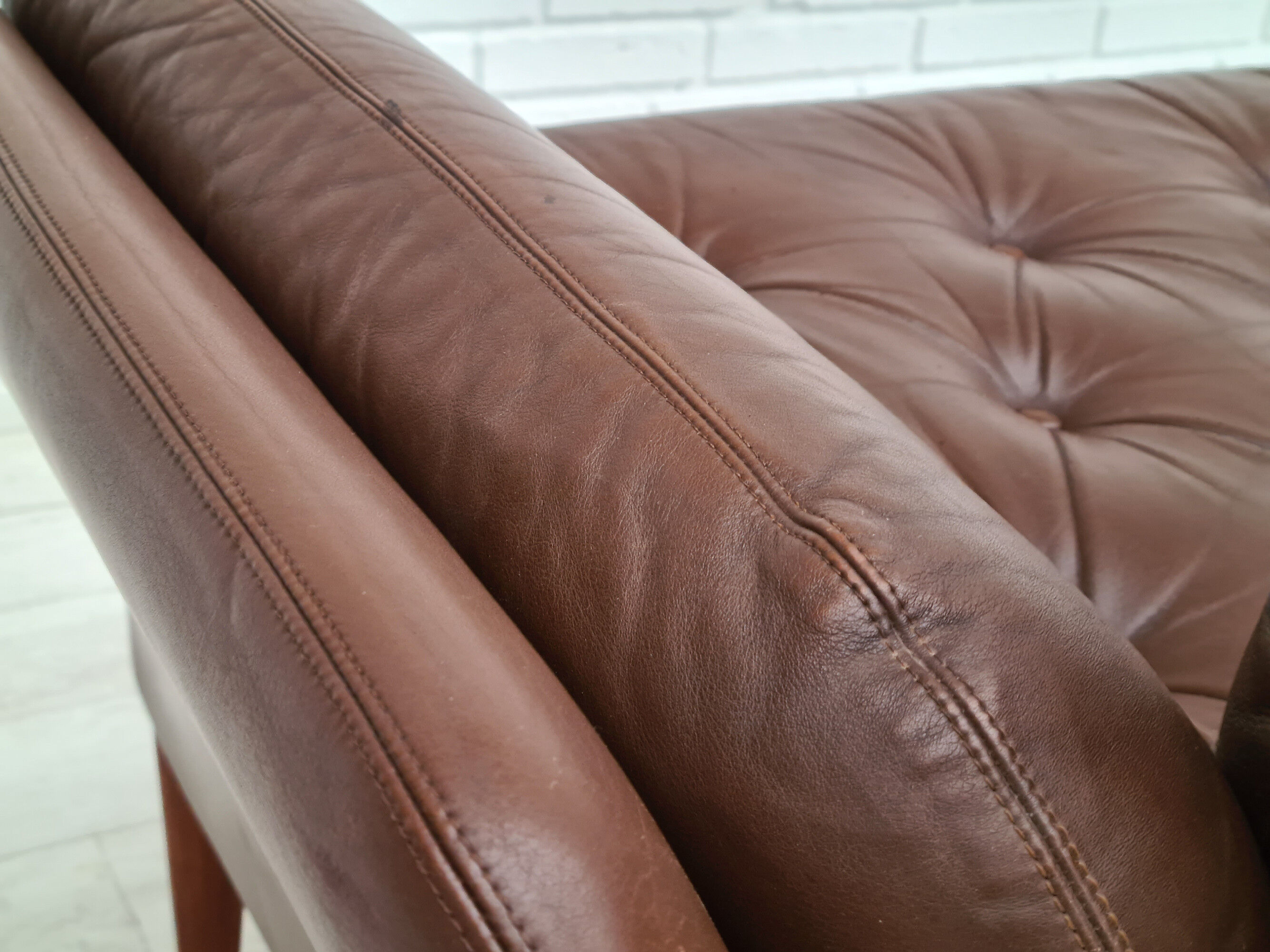 Danish 2-seater sofa, original brown leather, 70s