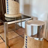 Pair of small columns or end of sofa in travertine and plexiglass