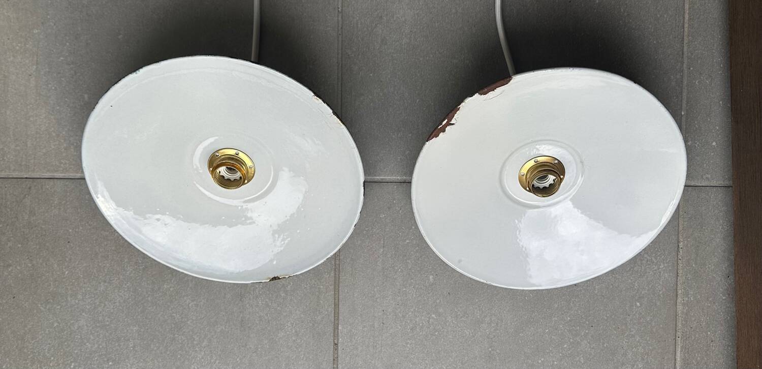 Pair of vintage lampshades, old enamelled sheet metal lampshades