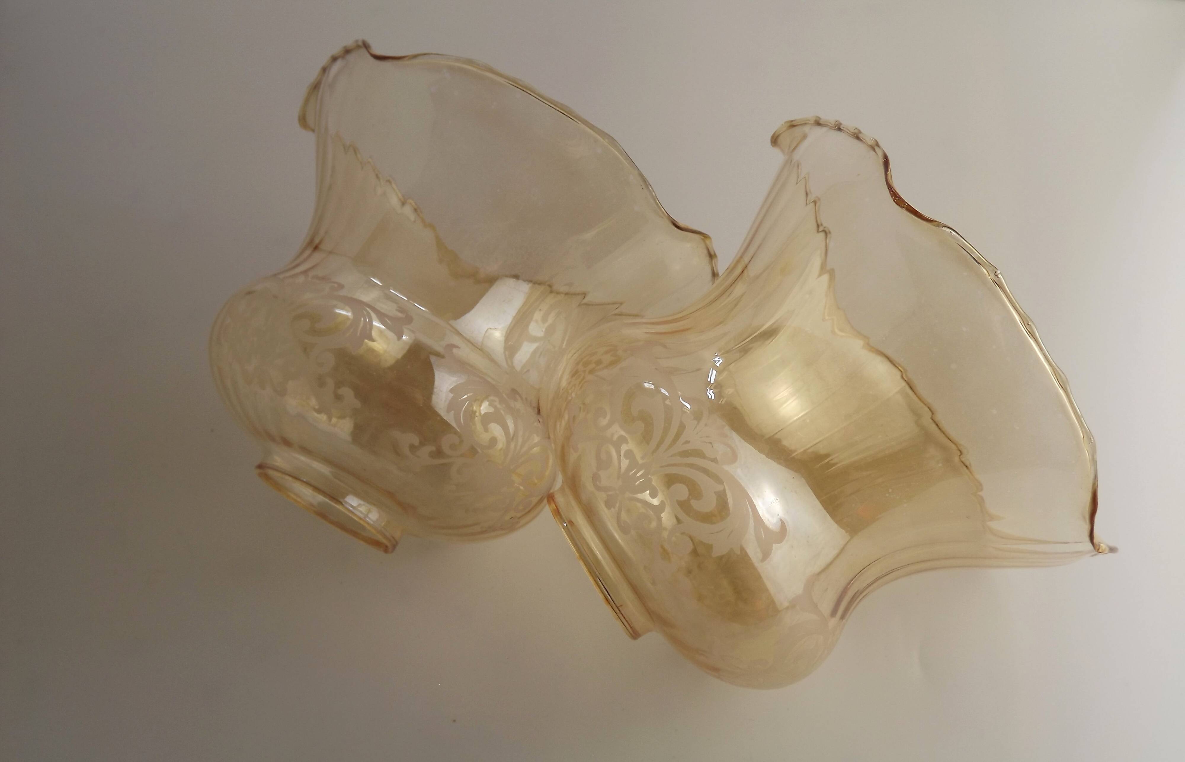 Set of 2 Vintage Glass Bell Shades in Smoked Amber Glass with Scroll Motif 5597