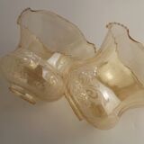 Set of 2 Vintage Glass Bell Shades in Smoked Amber Glass with Scroll Motif 5597