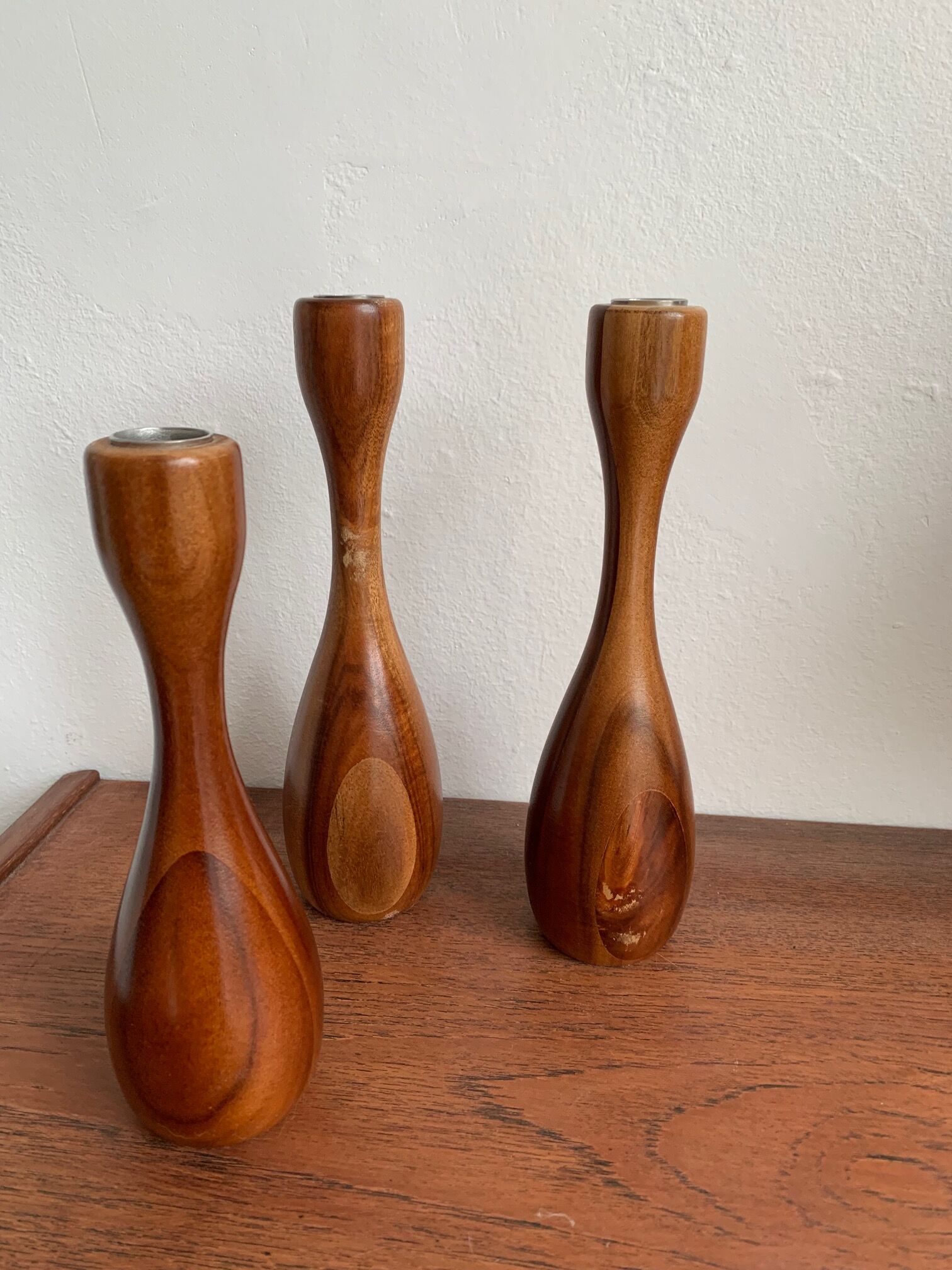 Danish wooden candlestick trio