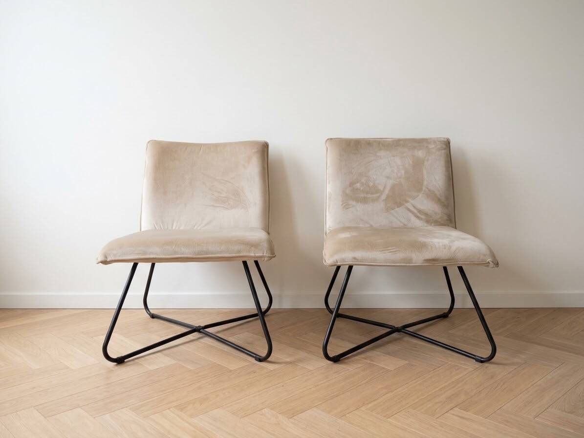 Pair of vintage armchairs in beige velvet and metal