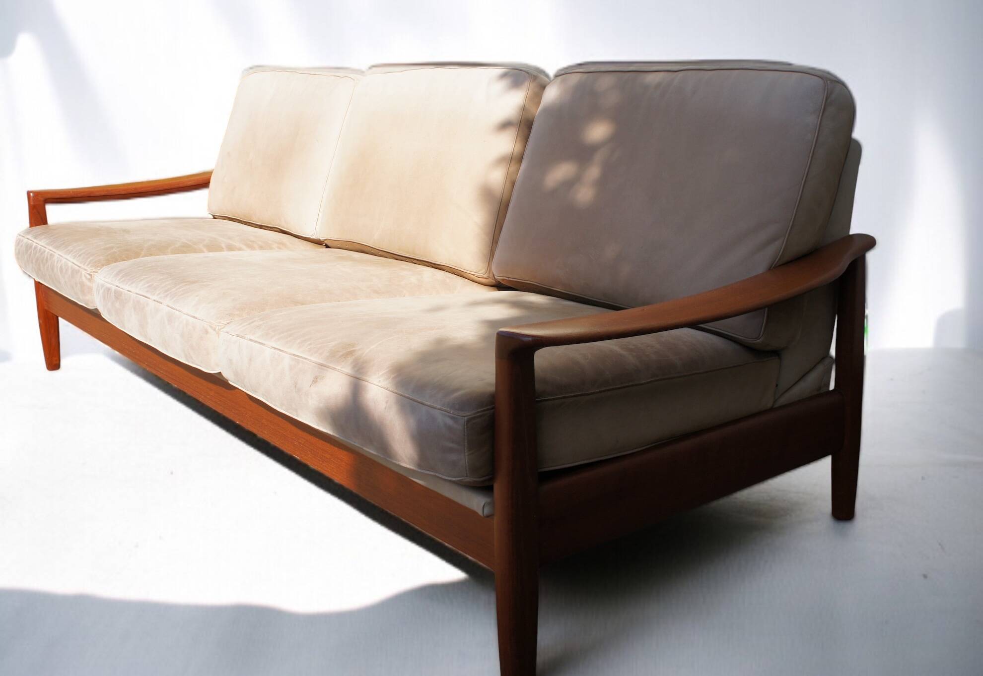 Danish Teak & Vintage Leather Convertible Sofa Bed 1960