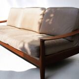 Danish Teak & Vintage Leather Convertible Sofa Bed 1960